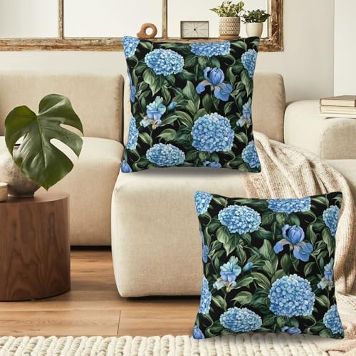 KiuLoam Black and Blue Hydrangea Pillow Covers 16x16 Set of 2, Summer Hydrangea Flower with Green Leaves Print Decorative Throw Pillow Cases, Farmhouse Style Outdoor Cushion Covers for Sofa Couch - Image 4