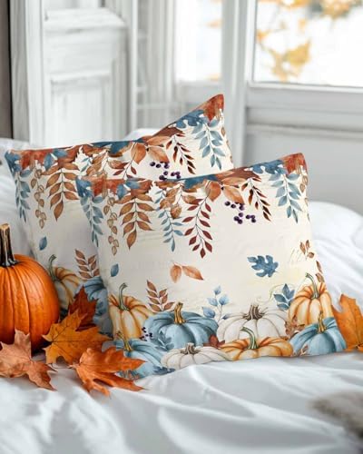 JasmineM Thanksgiving Fall Orange Blue Pumpkin Pillow Covers 20x20 Inch Set of 2, Farmhouse Leaves Decorations Indoor Outdoor Throw Pillows, Orange Blue Linen Pillowcases for Patio Sofa Couch Bedroom - Image 2