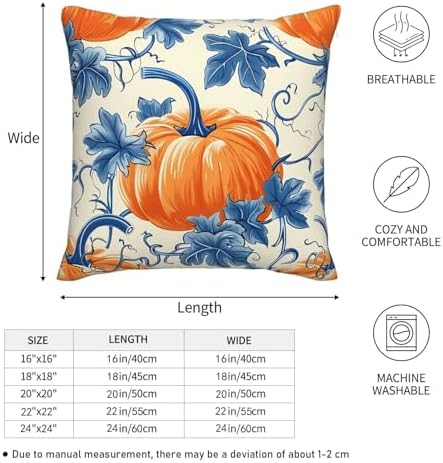 KiuLoam Blue and Orange Fall Pillow Covers 16x16 Inch Set of 2, Fall Decor Pumpkin Leaf Autumn Print Decorative Throw Pillows, Rustic Farmhouse Style Cushion Covers for Sofa Couch Bed Home Decor - Image 2