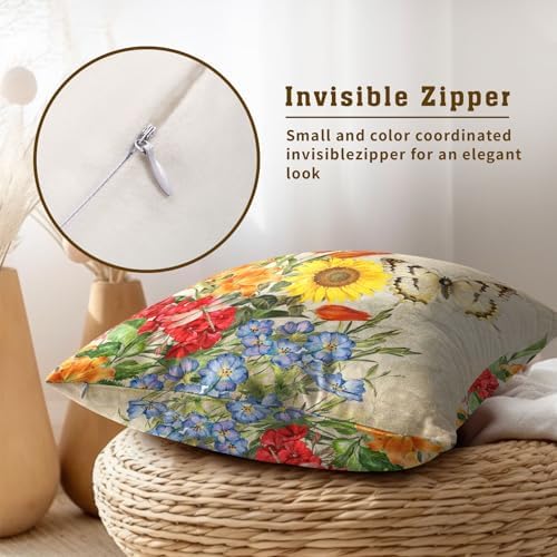 Sweetshow Spring Summer Colorful Floral Throw Pillow Covers 16X16 Inches Set of 2 Butterfly Flower Chinoiserie Pillowcase Soft Cotton Square Seasonal Cushion Covers for Living Room Sofa Bedroom Decor - Image 4