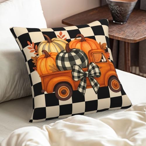 KiuLoam Vintage Fall Thanksgiving Pillow Covers 22x22 Set of 2, Orange Pumpkin Farm Truck Black Checkered Print Decorative Throw Pillow Cases for Living Room Sofa - Image 2