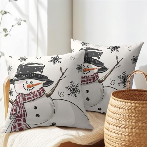 Sweetshow Winter Black Snowman Pillow Covers 12x12 Inches Xmas Snowflake White Throw Pillow Case Set of 2 Xmas Pillows Cotton Linen Cushion Cover for Home Couch Sofa Livingroom - Image 5