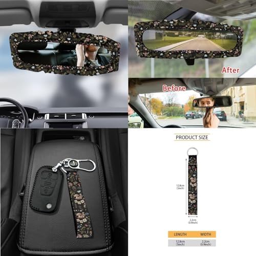 Cottagecore Mushroom Snail Moth Fern 15Pcs Car Seat Cover Full Set Car Steering Wheel Cover Seat Belt Cover Trash Bin Air Vent Storage Box Front Rear View Mirror Car Cup Holder Keychain