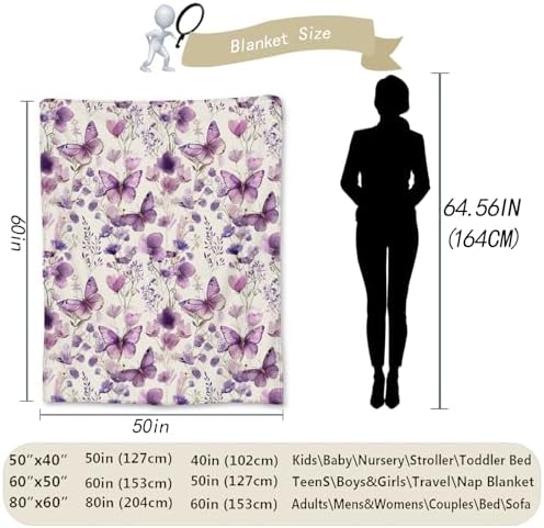 Elegant Purple Butterfly and Floral Blanket, Soft Flannel Throw Blanket for Couch, Bed, Travel, Living Room & Home Decor, Lightweight Cozy Warm Fuzzy Blankets for Adults Women Girls 80×60 in - Image 3