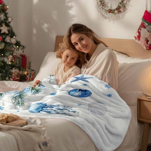 DecorLovee Blue Coastal Christmas Blanket 40"x50", Reversible Xmas Botanical Throw Blanket for Couch/Bed, Nautical Starfish Lightweight Soft Throw Blankets for Girls, Warm Fuzzy Blankets for Winter - Image 4