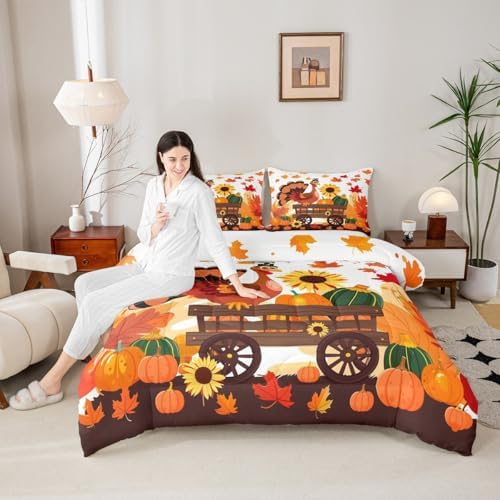 Feelyou Fall Bedding Set for Girls Boys Kids King Size Maple Leaves Pumpkin Comforter Cover Room Decor Turkey Thanksgiving Daisy Duvet Cover White Orange Quilt Set - Image 5