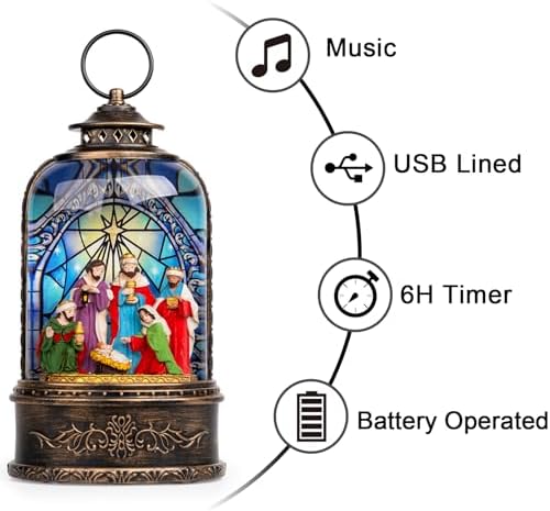 Christmas Snow Globe Swirling Glittering Nativity Scene with Music, USB Lined/Battery Operated Lighted Water Lantern for Christmas Festival Decoration Gifts - Image 4