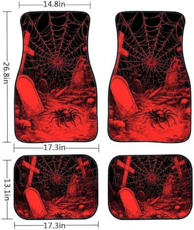 Graveyard Car Floor Mats 4PCS, Bloody Spiderweb Rubber Non-Slip Front and Rear Floor Mats, Gothic Cross Skull All Weather Heel Pad Universal Fit SUV Van Truck