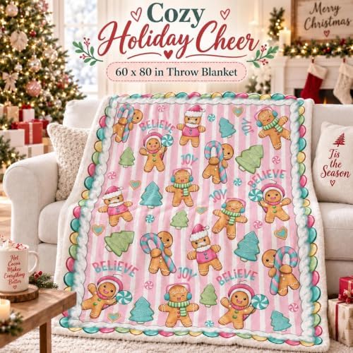 Christmas Gingerbread Blanket 60x80in Pink Striped Holiday Throw - Image 2