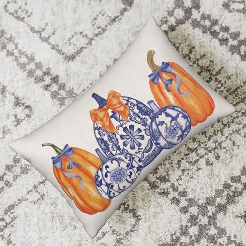 Fall Chinoiserie Pillow Covers 12x20 Set of 2 Blue and Orange Pumpkin Throw Pillows Grandmillennial Autumn Thanksgiving Decoration Pillowcase Outdoor Lumbar Cushion Case for Couch Home Decor - Image 6