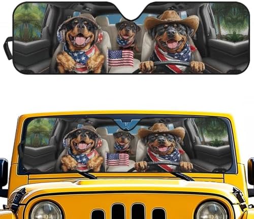 Renewold Funny Rottweiler Driving Automotive Windshield Sunshade for Jeep Wrangler JK JKU JL JLU 1997-2023 Gladiator JT Summer Sun Shield Cover Car Front Window Shade Blocks UV Heat Sunlight Sun Visor