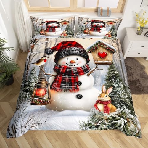 Manfei Kawaii Snowman Girls Bedding Set Twin Size, Rabbit Bird Winter Poinsettia Duvet Cover Set，Pine Tree Xmas Animal Snowflake Room Decor,Gray Green Quilt Cover,1 Pillowcase(No Comforter) - Image 4
