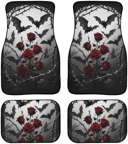 Gothic Rose Car Floor Mats Halloween Bat Rose Thorn All Weather Car 1st & 2nd Row Floor Mats Interior Carpet Gradient Gothic Bat Flower Universal for Sedan Car Trucks