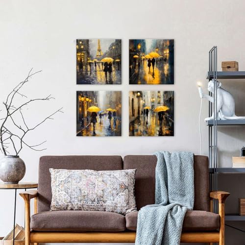 Abstract Wall Art Modern Rain Canvas Prints Decor Girls Umbrella Walking in Street Figure Artwork for Living Room Yellow Dusk Paris Landscape Pictures Couple Bedroom Bathroom Home Decoration 20x20" 4P - Image 2