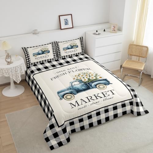 Homewish Daisy Flowers Truck Comforter Set King Size Black White Geometric Grid Bedding Set for Kids Girls Teens Boys Room Decor Spring Garden Plants Quilt Set Rustic Farmhouse Duvet Insert 3pcs - Image 3