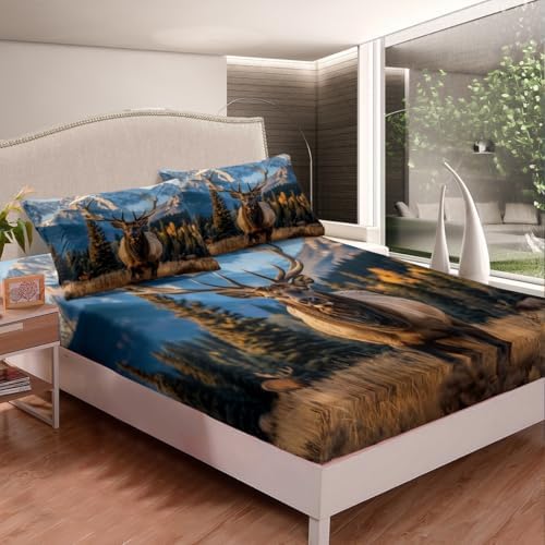 Feelyou Deer Bed Sheets Set Twin Size Wild Animal Sheet Set for Kids Boys Girls Decor Forest Sheets with Deep Pocket Fitted Sheet Sapphire - Image 3