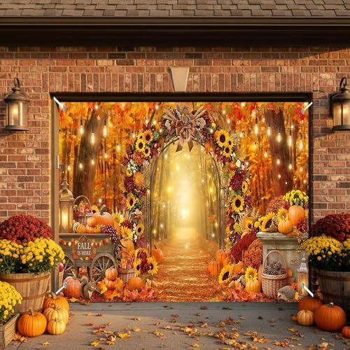 Fall Garage Door Cover 13x6ft Pumpkin Sunflower Arch Thanksgiving Decor - Image 6