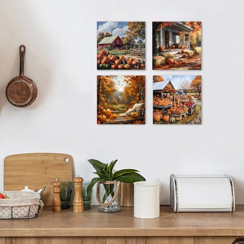 Rustic Fall Pumpkin Wall Art Farmhouse Barn Landscape Wall Decor for Living Room Vintage Autumn Picture Bedroom Nature Country Scenery Canvas Print Modern Artwork Kitchen Home Decoration 12x12" 4P - Image 4