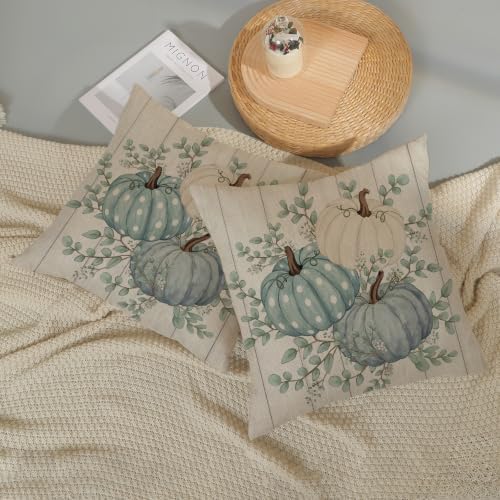 Fall Pillow Covers 18x18 Set of 2 Teal Blue Pumpkin Pillow Cases White Polka Outdoor Autumn Harvest Decoration Wood Plank Throw Pillows Linen Thanksgiving Cushion Case for Couch Sofa Home Decor - Image 6