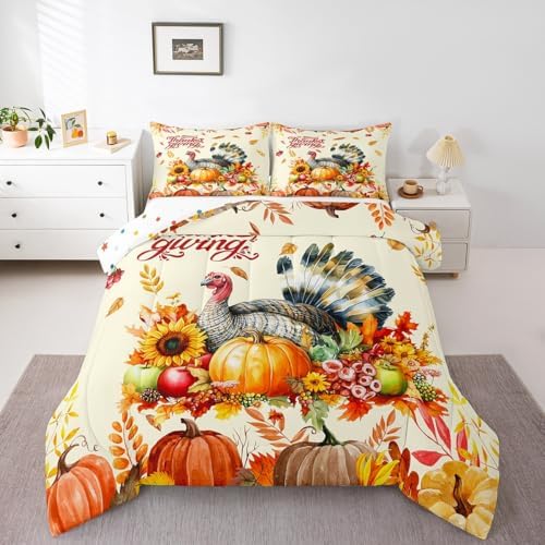 Thanksgiving Day Comforter Set Full Size,Watercolor Turkey Pumpkin Bedding Set 3pcs Kids Girls Boys Teens Room Decor,Fall Maple Leaves Quilted Duvet Rustic Farmhouse Duvet Insert,Orange Yellow - Image 6