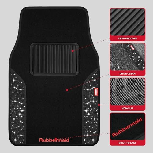 Rubbermaid Bling Car Mats, Carpeted Floor Car Mat with Faux Leather & Built-in Heel Pad, Two-Tone Car Rug Floor Mats, Stylish Carpeted Floor Mats for Cars, Trucks & SUVs Glitter Black Color