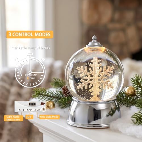Christmas Snow Globe with Music & Swirling Glitter, Silver Snowflake Snow Globe with Timer, USB & Battery Powered Musical Water Globe for Indoor Christmas Decorations, Tabletop - Image 3