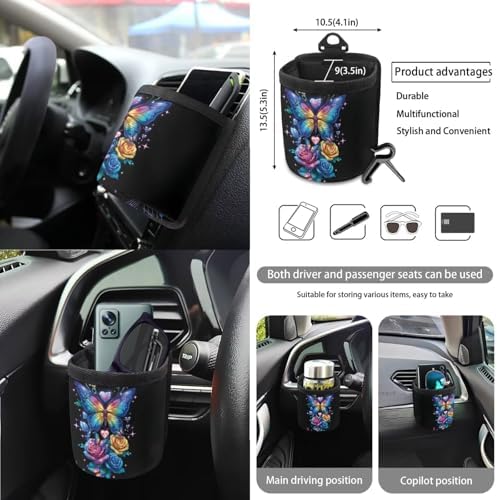 Butterfly Rose Car Seat Covers 15Pcs Full Set Car Steering Wheel Cover Seat Belt Cover Trash Bin Air Vent Storage Box Rear View Mirror Car Cup Holder Keychain Music Notes Print