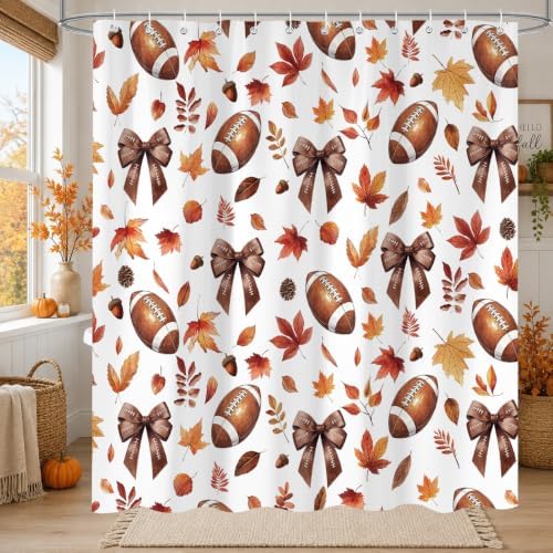 Fall Shower Curtain, Autumn Football Bowknot Fallen Leaves Shower Curtain for Bathroom Decor, Funny Fall Thanksgiving Fabric Bath Curtain for Bathroom Set, 72 X 72 Inch - Image 4