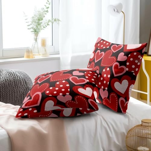 Valentine's Day Throw Pillow Covers 18X18 Inches Set of 2 Red Heart Black Pillowcase Soft Cotton Square Cushion Covers for Anniversary Wedding Home Sofa Bedroom Decoration - Image 6