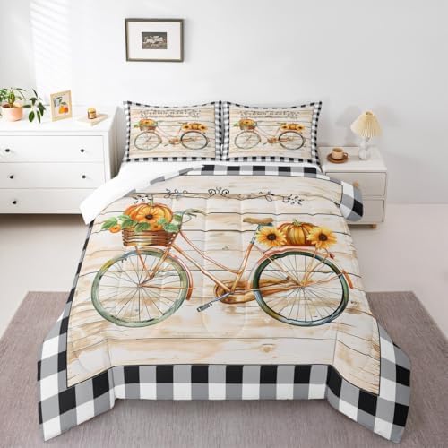 Homewish Autumn Pumpkin Comforter Set Queen Size,Halloween Geometric Plaid Bedding for Kids Teens Adults Room Decor,Rustic Farmhouse Quilt Vintage Bike Duvet Insert 3pcs with 2 Pillowcases - Image 5