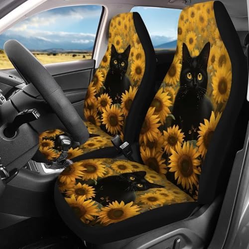 Black Cat Sunflower Print Print 4pcs Car Seat Covers Universal Bucket Seat Covers with Front Rear Split Bench Protector Covers Fits for Most Sedan Truck Auto Interior Accessories