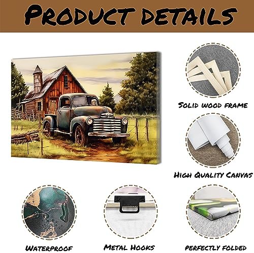 QIXIANG Farmhouse Vintage Truck Canvas Wall Art Blue Truck and Old Barn Country Picture Prints for Bathroom Office with Framed (12.00" x 18.00", Vintage) - Image 6