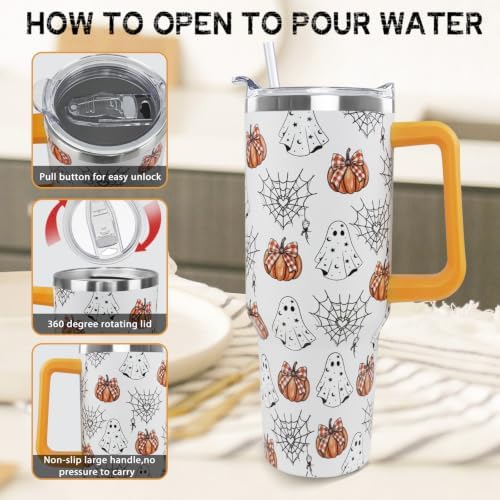 Halloween Tumbler with Handle 40 oz Pumpkin Ghost Spiderweb Coffee Travel Mug Stainless Steel Goth Insulated Cups Cute Halloween Decor Gifts - Image 5