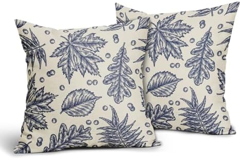Navy Blue Fall Pillow Covers 18x18 Set of 2 Cream Maple Leaf Print Autumn Colored Harvest Decorative Outdoor Pillowcases Farmhouse Seasonal Throw Cushion Case Decor for Home Couch Sofa Bed - Image 2