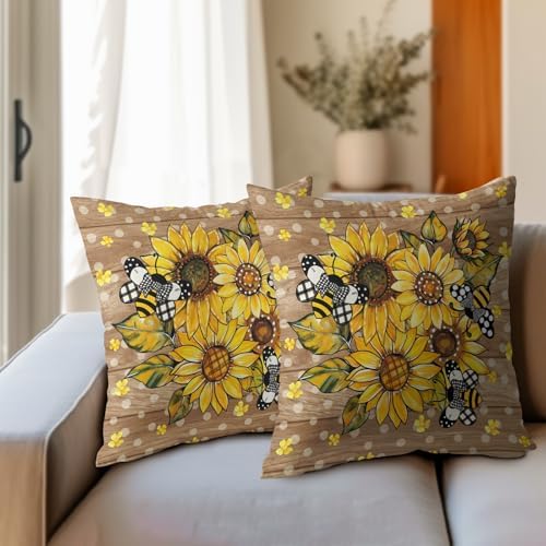Summer Pillow Covers 22x22 Inch Set of 2, Sunflower Throw Pillow Covers Wood Pillowcase, Bee Polka Dot Decorative Seasonal Floral Spring Cushion Case Couch for Indoor Outdoor Home Decor - Image 3
