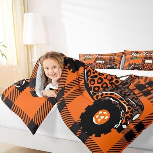 Homewish Halloween Pumpkin Camper Comforter Set Twin Size,Orange Leopard Print Car Bedding for Kids Adults Room Decor,Geometric Plaid Quilt Happy Bedspread 2pcs,1 Pillowcase - Image 3