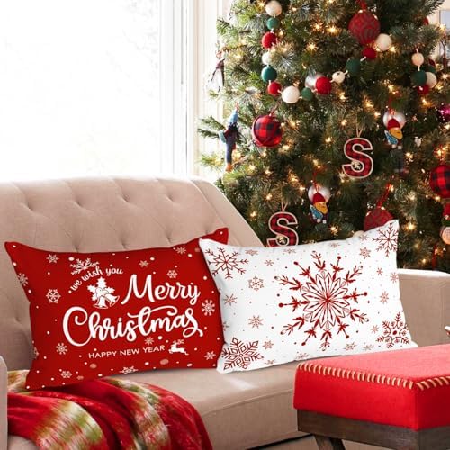 Lanpn Christmas Lumbar Throw Pillow Covers 14x20 Set of 4, Merry Christmas Winter Xmas Snowflake Decorative Holiday Cushion Pillow Cases 14 x 20 for Indoor Farmhouse Home Room Couch Decor (Red) - Image 4