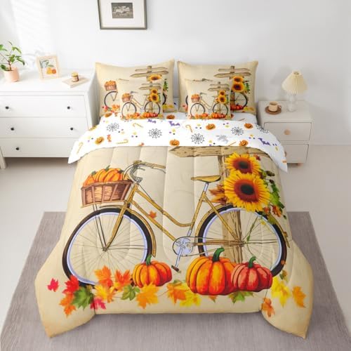Sunflower Bike Bicycle Queen Comforter Set 7 Piece,Thanksgiving Pumpkin Bed in a Bag,Farmhouse Fall Leaves Autumn Harvest Bedding Comforter Sets with Comforter,Shams,Flat Sheet,Fitted Sheet - Image 3