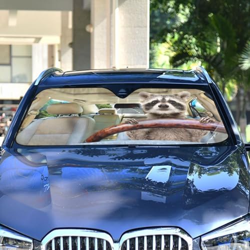 Funny Raccoon Driving Car Windshield Sun Shade Foldable UV Ray Sun Visor Protector Sunshade to Keep Your Vehicle Cool (53" x 23.5")