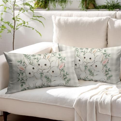 Easter Pillow Covers 12x20 Set of 2 Cute Bunny Rabbit Throw Pillow Covers Rustic Spring Pillowcase Linen Decoration Farmhouse Soft Decorative Plaid Cushion Case Couch for Indoor Outdoor Home Decor - Image 3