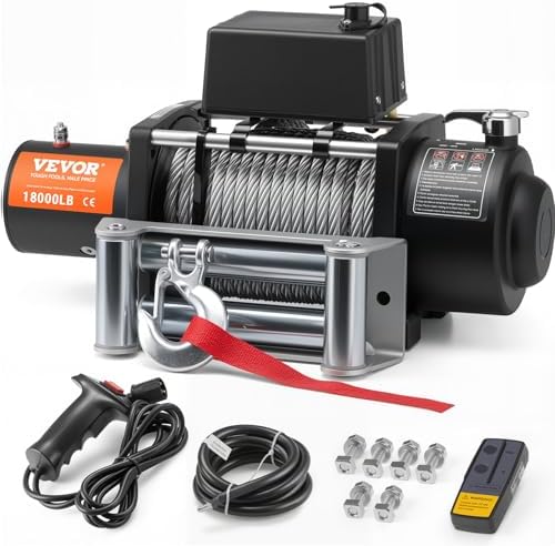 VEVOR Electric Winch, 18,000 lb Truck Trailer Jeep Winch, 12V DC 7/16 in x 85 ft Steel Cable Roller Fairlead Wireless & Wired Remote Control, IP55 Waterproof Towing for Off Road SUV Jeep Truck Trailer by VEVOR