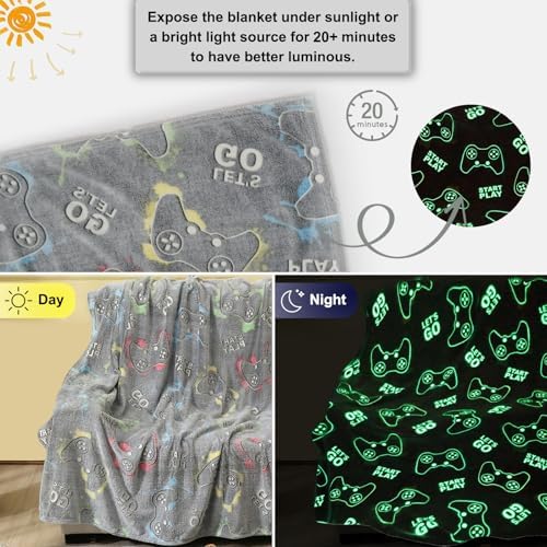 Jekeno Glow in The Dark Gaming Blanket Gamer Game Controller Throw Gift Toys for Kids Boys Teen Son Adults Gamepad Presents Easter Birthday Christmas Bedroom Decor Luminous Blanket Grey 50"x60" - Image 2