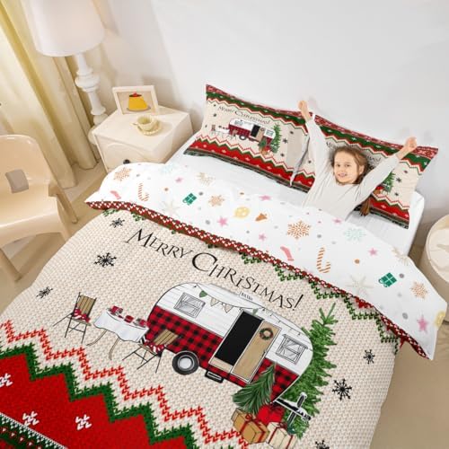 Merry Christmas Kids Duvet Cover Set King Size,Happy Camping Camper Rustic Bedding Set,Girls Boys Adults Room Decor,Christmas Deer Snowflake Comforter Cover,Colorful Xmas Quilt Cover,2 Pillowcases - Image 3
