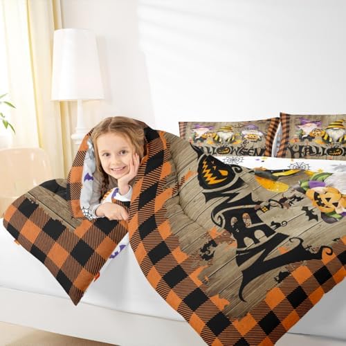 Kids Halloween Gnome Comforter Set Queen Size,Vintage Yellow Black Grid Quilted Duvet Gothic Bat Pumpkin Lantern Bedding Set for Girls Boys Room Decor Rustic Farmhouse Brown Wood Duvet Insert 3Pcs - Image 3