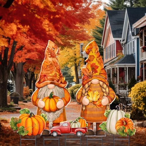5 Pcs Fall Gnomes Yard Stake Metal Thanksgiving Garden Decor - Image 5
