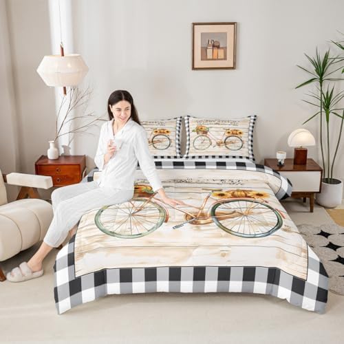 Autumn Pumpkin Quilt Set King Size,Halloween Geometric Plaid Comforter Set for Kids Teens Adults Room Decor,Rustic Farmhouse Plaid Bedding Set Vintage Bike Bedspread 3pcs with 2 Pillowcases by Homewish
