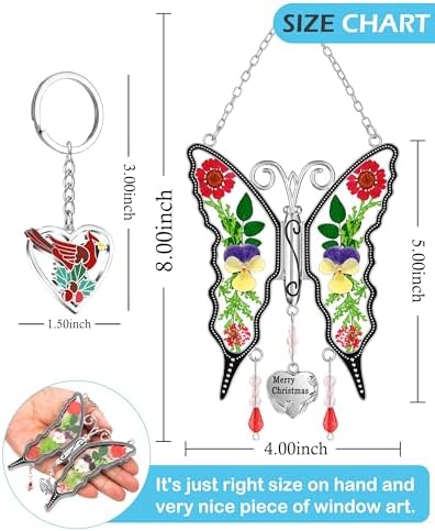 KY&BOSAM Butterfly Suncatcher Merry Christmas Stained Glass Ornaments for Window Hanging Wind Chime with Pressed Flower Between Wings Glass and Metal Charm Gifts for Women Mom - Image 5
