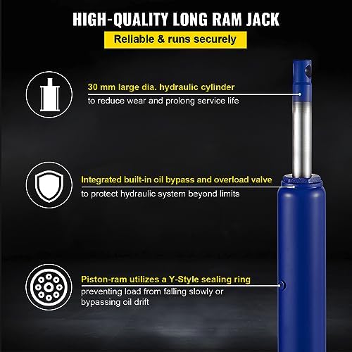 VEVOR Hydraulic Long Ram Jack, 8 Tons/17363 lbs Capacity, with Single Piston Pump and Clevis Base, Manual Cherry Picker w/Handle, for Garage/Shop Cranes, Engine Lift Hoist, Blue - Image 4