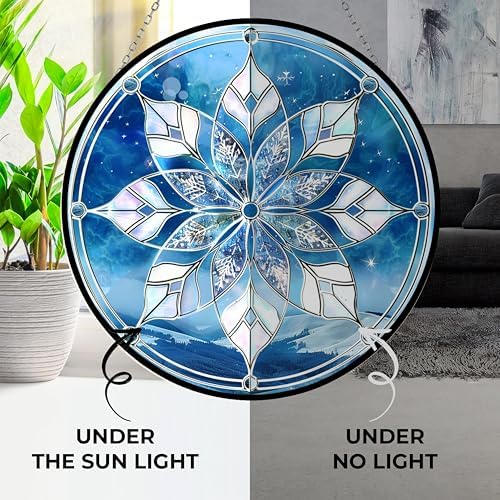 Christmas Snowflake Stained Glass Window Hangings, Handcrafted Stained Glass Suncatchers, Gift for Cat Lovers Nature Lovers 12”x12” Mothers Day - Image 4