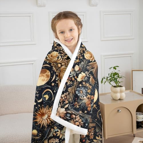 Sun and Moon Throw Blanket Mysterious Starry Galaxy Fleece Flannel Blankets Kids Boys Girls Room Decor Retro Flowers Plant Bed Blankets for Bed Sofa Couch Black Gold Orange Plush Blanket Twin 60"x80" - Image 3